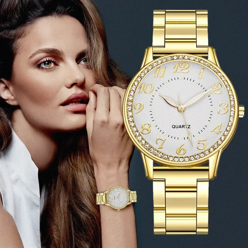 Luxury Brand Women Watch 2025 New Fashion Simple Rhinestone Steel Band Watch Ladies Big Dial Quartz Clock Bracelet Clock