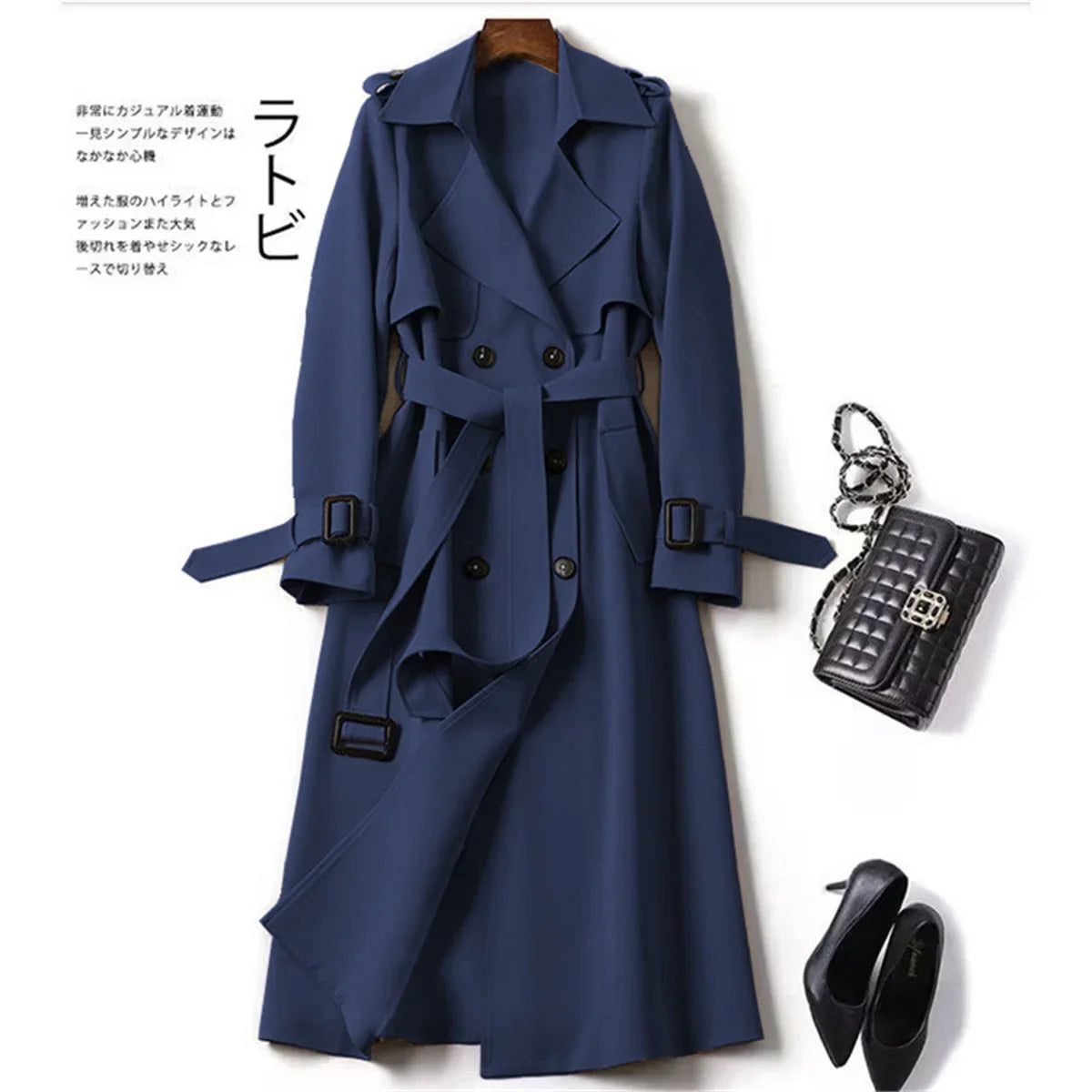 Elegant Women  Fashion British Jackets Autumn Winter Widebreaker Streetwear Midi Coats Casual Office Lady Button Slim Chic Coat
