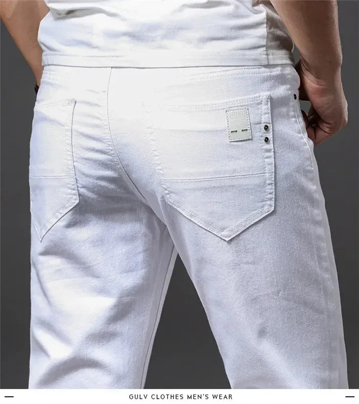 Four Seasons Men's White Jeans Fashion Casual Classic Style Slim Trousers Comfortable Soft Male Trendy Brand Stretch Pants - Golden Bridge Store