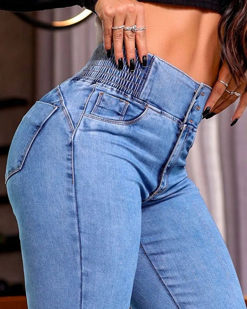 Jeans Women Flare Pant Denim Long Pants Elegant Bodycon Casual Work Button Pocket Straight Trousers High Waist Simple Pants