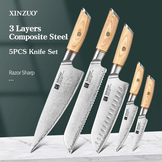 XINZUO 1-5pcs Knife Set Pakkawood Handle Nails 3-layer Clad Steel 60±2 HRC 15°±1 Per Side Kitchen Accessory Tools Best Gift