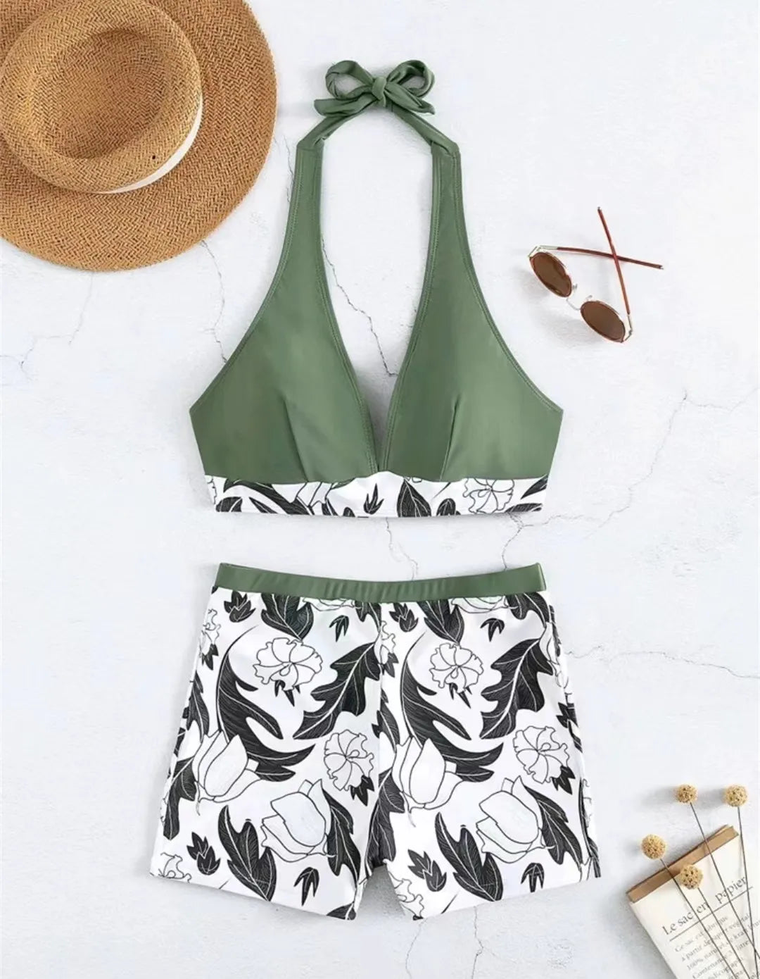 Halter Bikini Set Kurzer Schwimmanzug Frauen High Waist Bedruckte Bademode