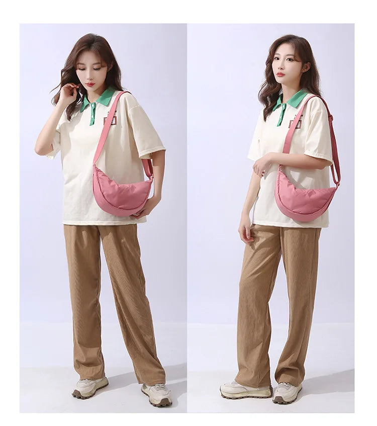 Solid Color Women's Portable Shoulder Bag Simple Female Nylon Cloth Padded Crossbody Bags Travel Purse Handbags Messenger Bag