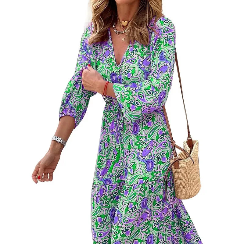 Elegant Women's Flower Long Dresses 2025 Spring New Bohemian Printed Dress Abıye Kadın Abiye Платье Robe Ete Femme Vestidos