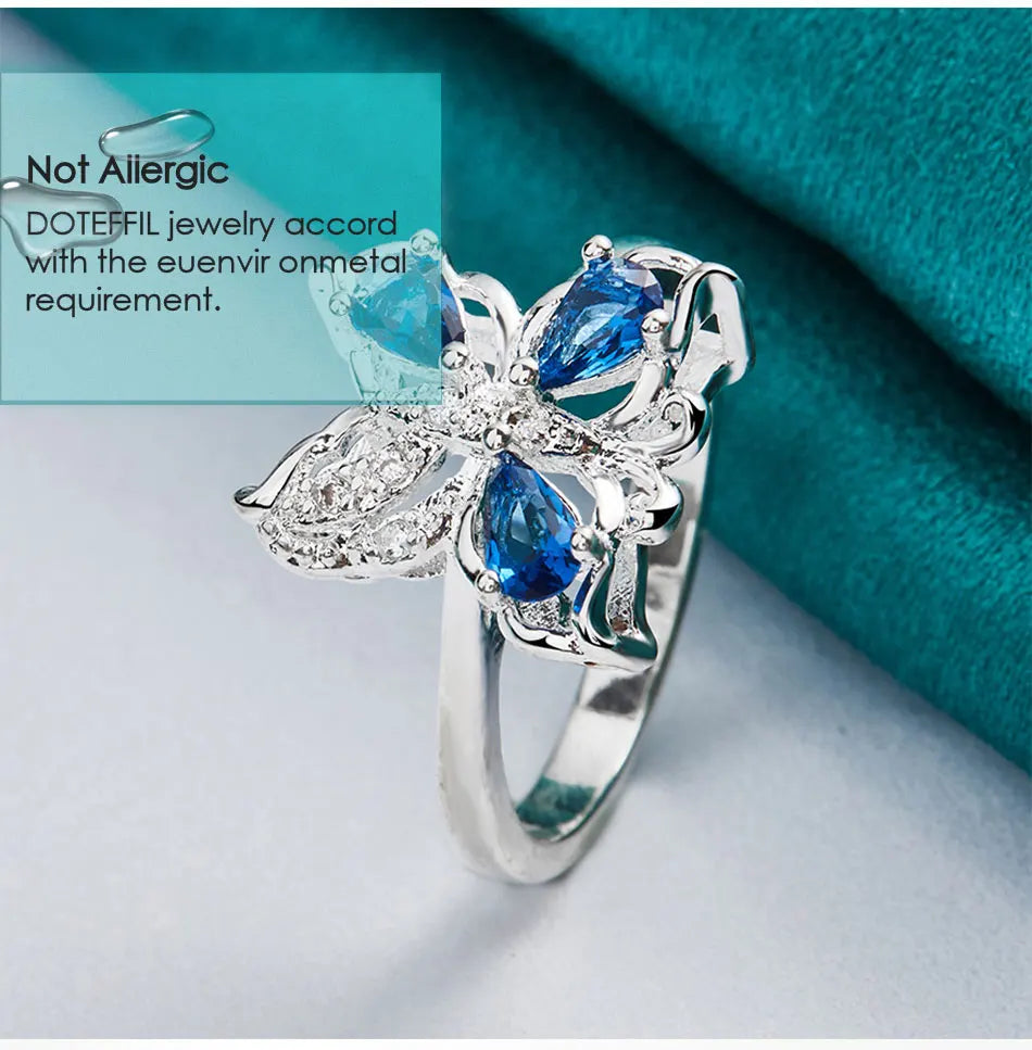 DOTEFFIL 925 Sterling Silver Blue AAA Zircon Fluture Inel Pentru Femei Moda Nuntă Logodnă Petrecere Cadou Charm Bijuterii