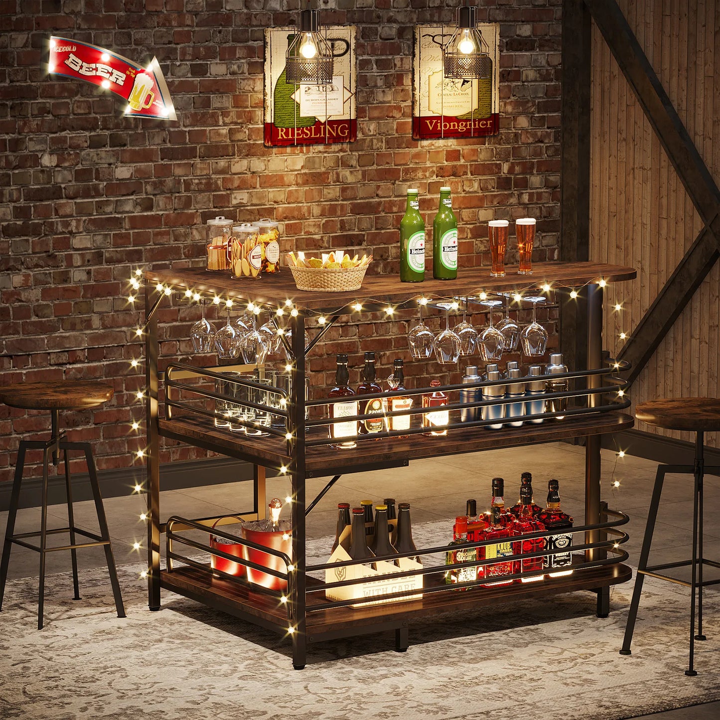 Hausbar 2025: Tribesigns L-Shaped Home Bar Unit - 3 Tier Liquor Bar Table Storage Shelves Wine Glasses Holder Collection