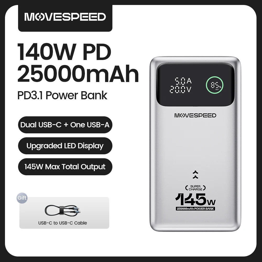 MOVESPEED M25Pro Power Bank 25000mAh - 140W USB-C PD Schnellladung für MacBook & Laptop