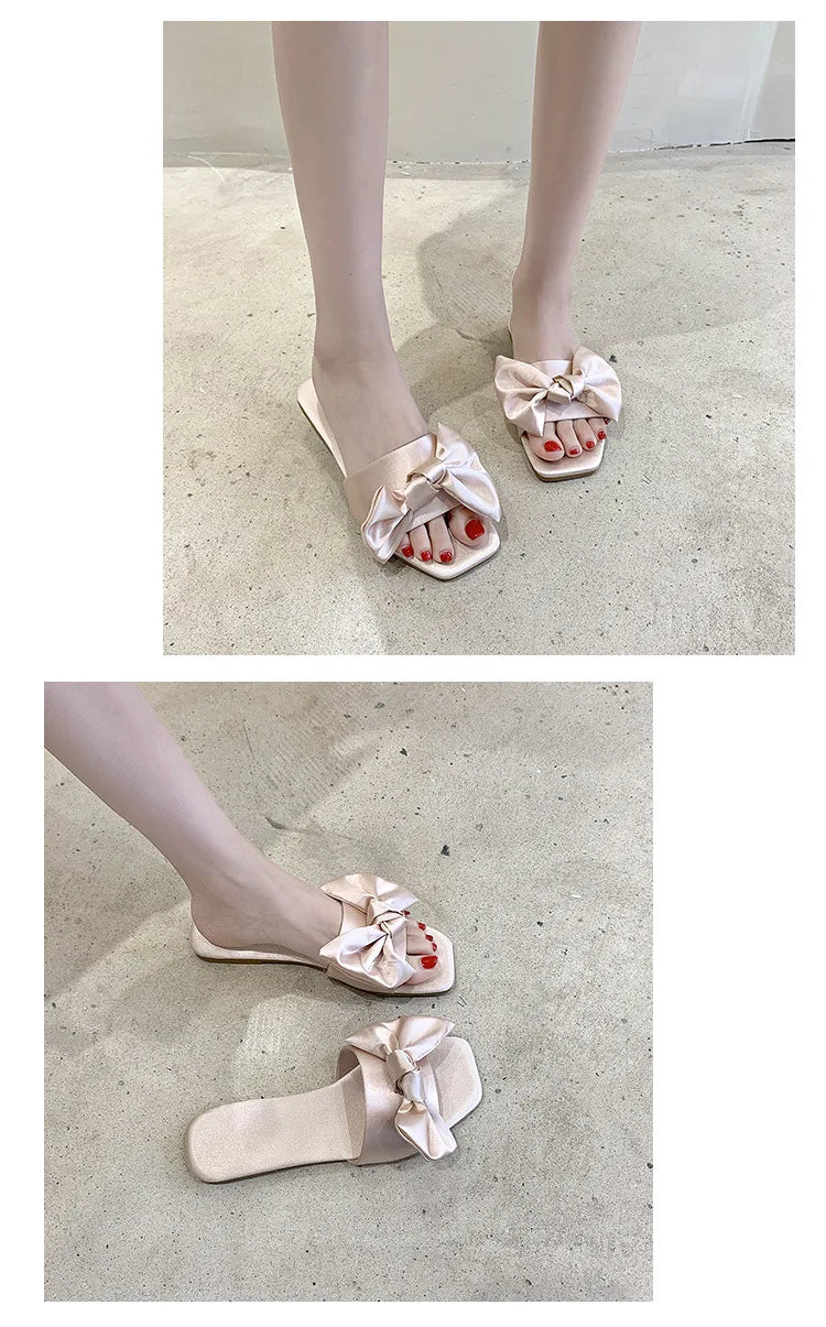 Women Beach Slippers 2024 Summer Flat Shoes Woman Slip On Slides Silk Style Female Slip On Sandals Girls Indoor Outdoor Slippers