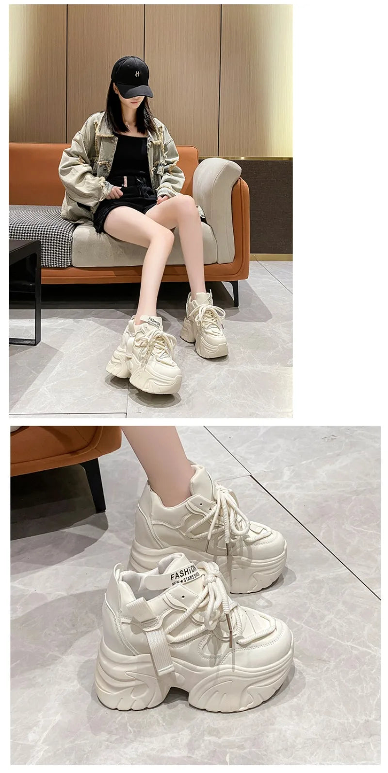 Women Walking Sneakers Autumn Lace-up High Platform Chunky Shoes Breathable Leather Shoes 10.5CM Winter Wedge Heels Casual Shoes