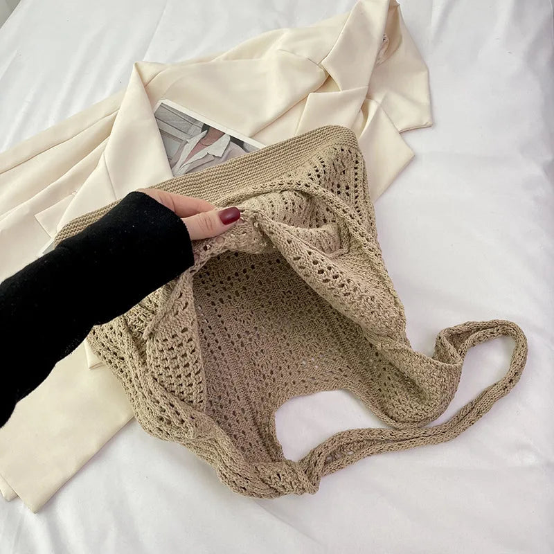 Knitted Handbags Beach Bags Lightweight Students Shoulder Casual Tote Female Style Shopping Woven Bags For Women Girls
