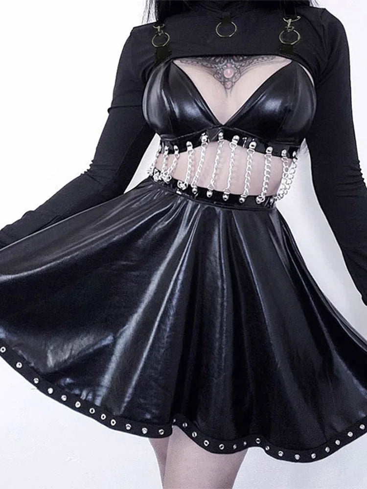 Women T-Shirt elegant Hip Hop Gothic Lady Micro Short Metal Chain Lace See-through Mesh Long Sleeve Turtleneck Hot Tops