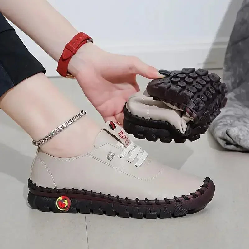 Women's Handmade Flat Sneakers - Comfortable Lace Up Round Toe Faux Leather Casual Walking Shoes flat shoes women
