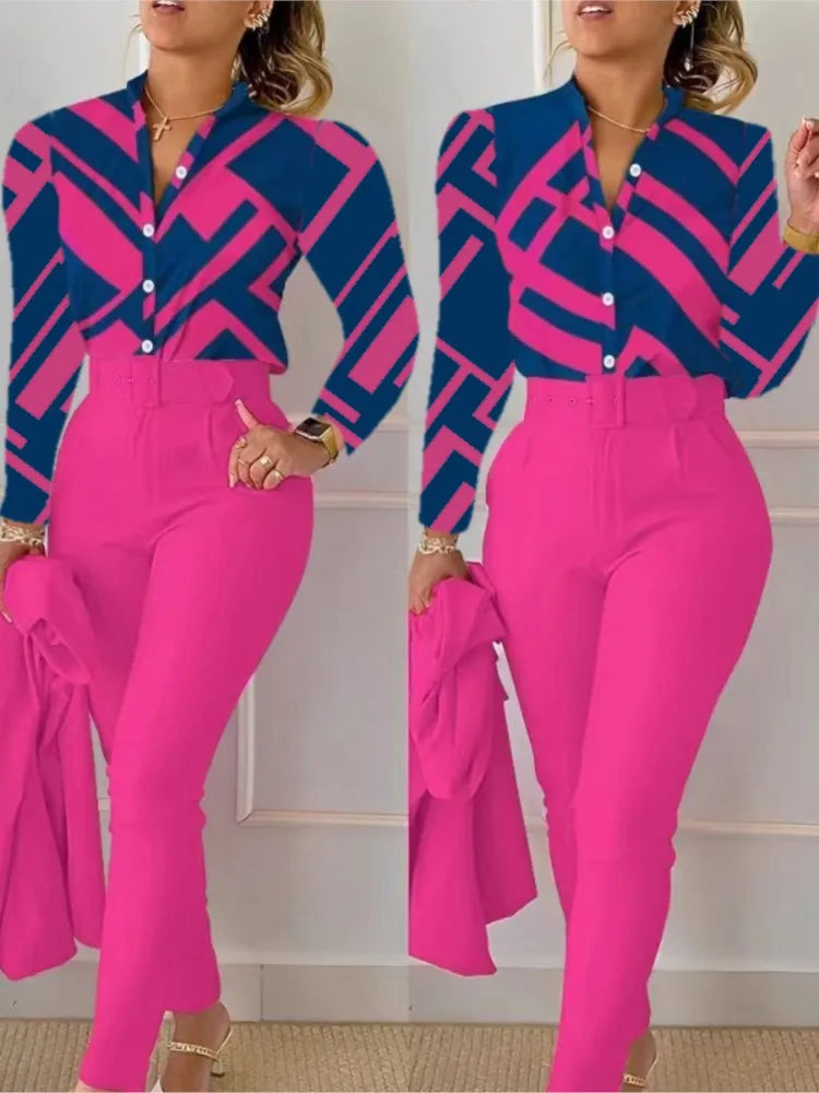 Femei elegante cămașă două piese set costume toamna nouă modă imprimare mânecă lungă top pantaloni negri set cu curea bluze îmbrăcăminte feminină