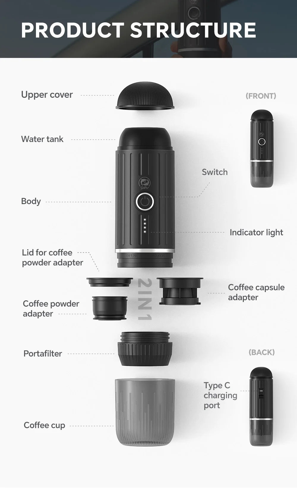 icafilas Portable Kaffeemaschine - Heizbar für Kapseln & Pulver, Travel Espresso Maker mit Tasche
