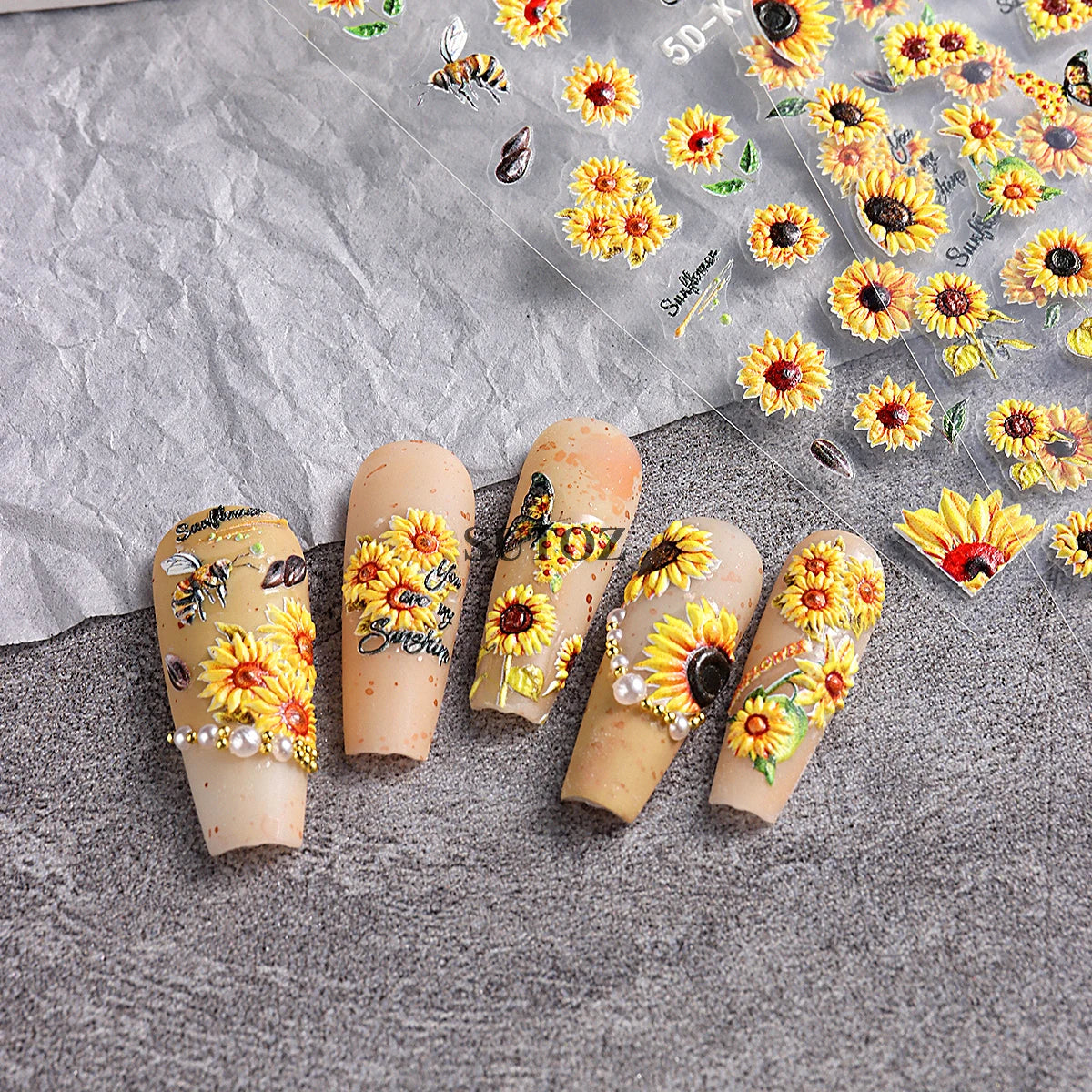 GL5D-K256 5D Sonnenblumen Nagelsticker - Herbstdesign Prägung