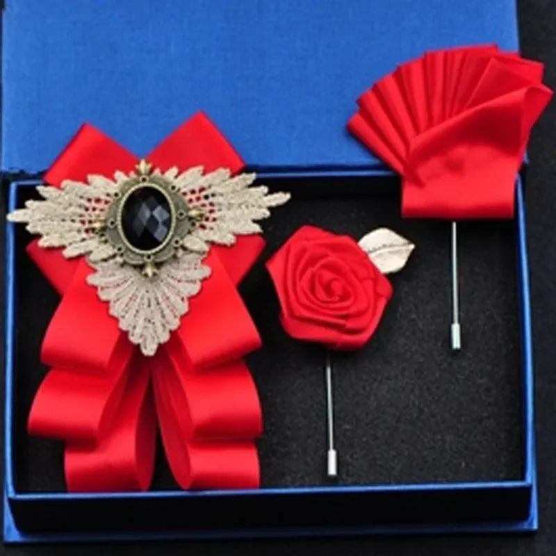 Set de nuntă 2025: Noua modă britanică pentru bărbați, performanță de nuntă pentru mire - Set de accesorii pentru bărbați cu papion, guler floral și buzunar, pentru petrecere de nuntă