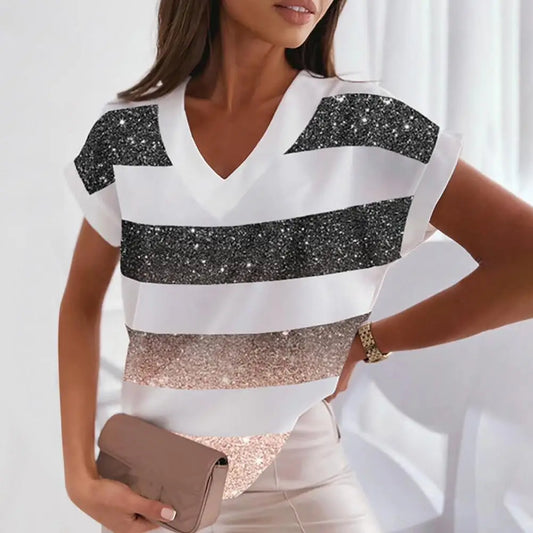 Femeii europene și americane tricou la modă imprimat V-neck mânecă scurtă bluză lejeră casual elegant pulover tunică top