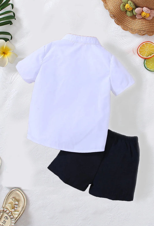 Summer Boys Front Button Cardigan Stand Collar Cartoon Printed Short Sleeve Shorts Casual Two-Piece Set