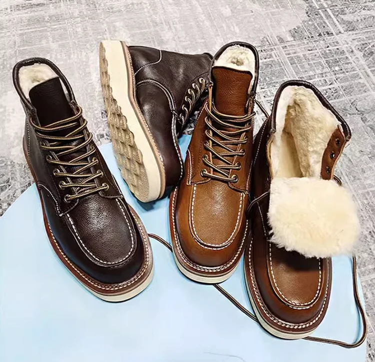 BEKEDEKECN Schneestiefel Warmes Wollfutter - Obermaterial Leder, Innenfutter Wolle, Schnürung Knöchelhoch