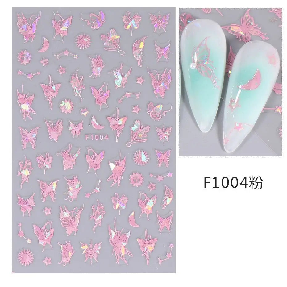 New Spring Fresh Flowers Butterfly 3D Nail Stickers Colorful Laser Butterflies Geometric Pattern Stickers Nail Decoration 1PCS