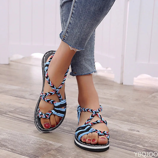 Women Sandals Summer Closed Toe Flat Romen Sandals Women Mixed Colors Rope Knot Sandals Women  Casual Beach Sandals Plus Size