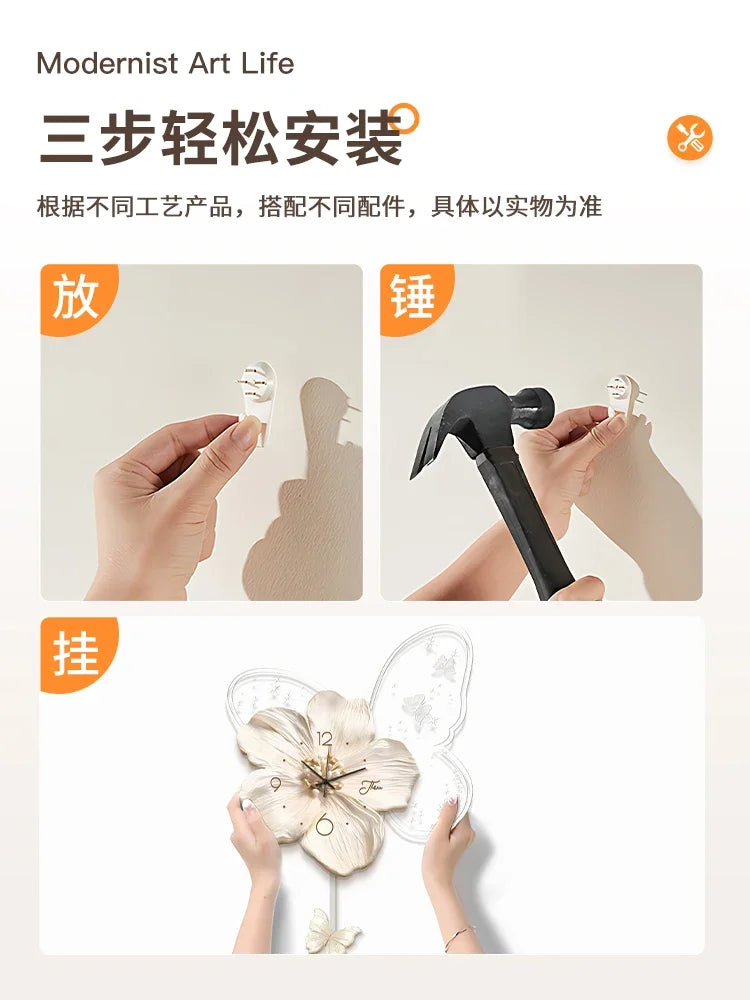 Cream Style Living Room Decoration with LED Light Wall Clock New Home Decor Creative Swinging Clock