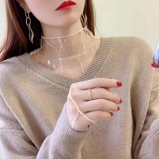 Women's T-shirt Summer Outfits Long Sleeve Pullover See Through Tops Fashion Lady elegant Tops Mesh Slim Chiffon Tees New Black Top - Golden Bridge Store