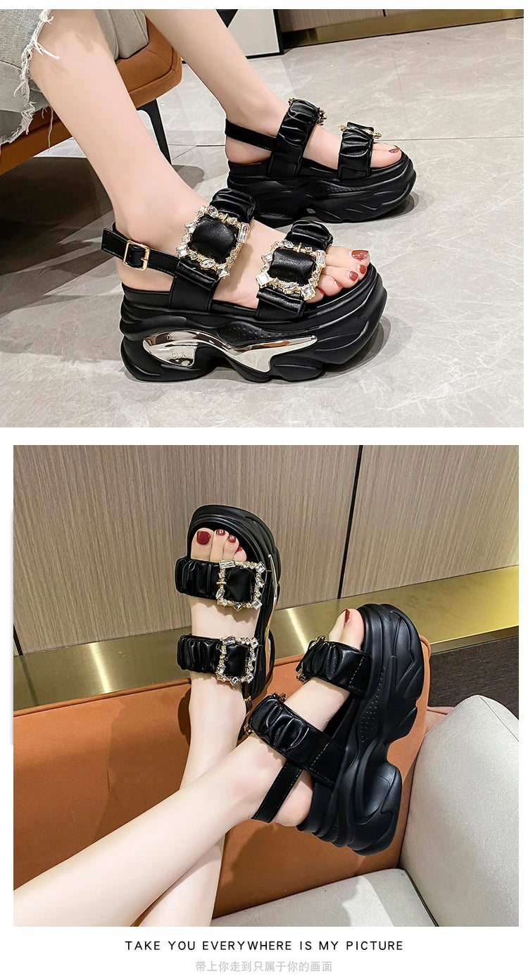 Women's Bling Strap Chunky Sandals Summer 2023 Thick Bottom Wedges Beach Slippers Woman Fashion Pink High Platform Sandals Mujer