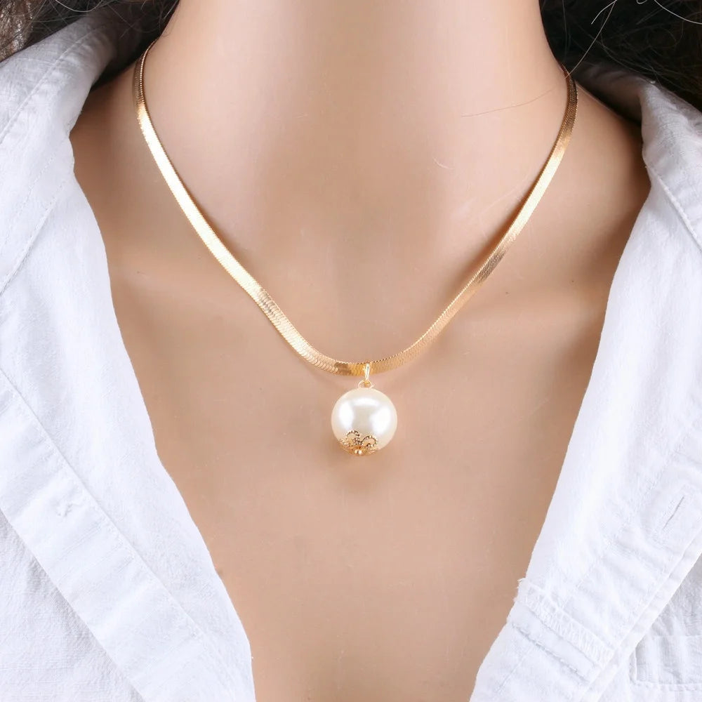 Fashion 2 Layers Pearls Geometric Pendants Necklaces for Women Gold Color Metal Snake Chain Necklace Choker Jewelry Gift