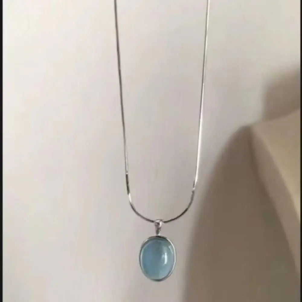Silver Color Oval Aquamarine Pendant Necklace Ladies Girls Luxury Snake Chain Necklace Fashion Jewelry Gifts For Women New 2024