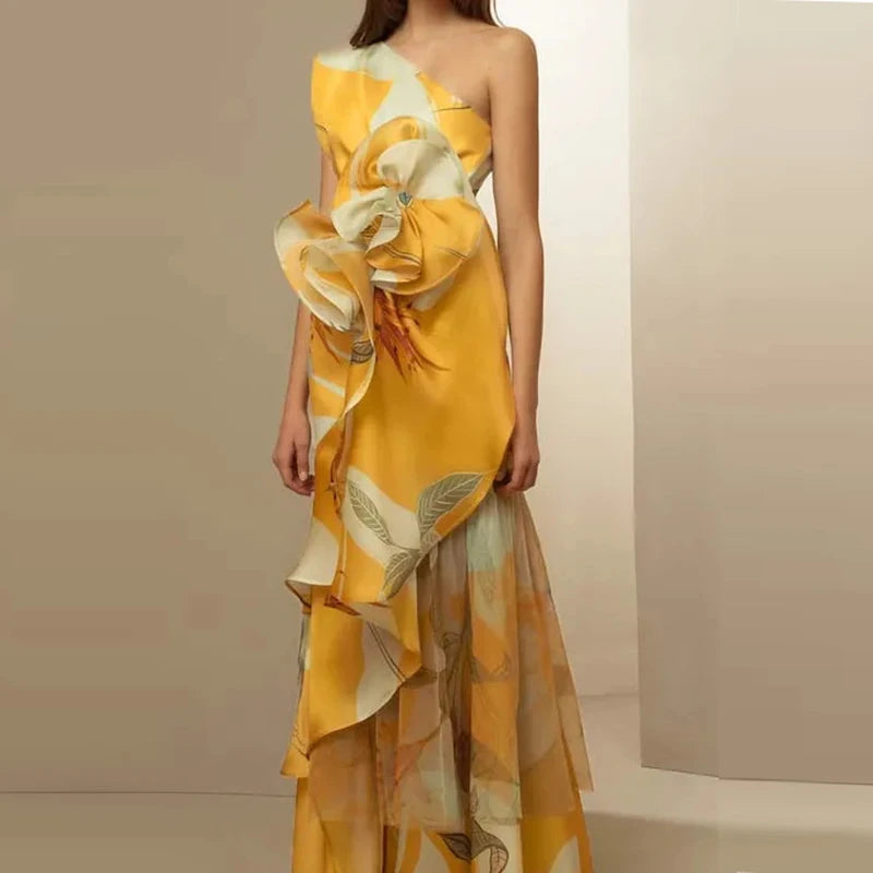 Bella Boho Kleid Blumenprint - High Waist Drapiert Lang