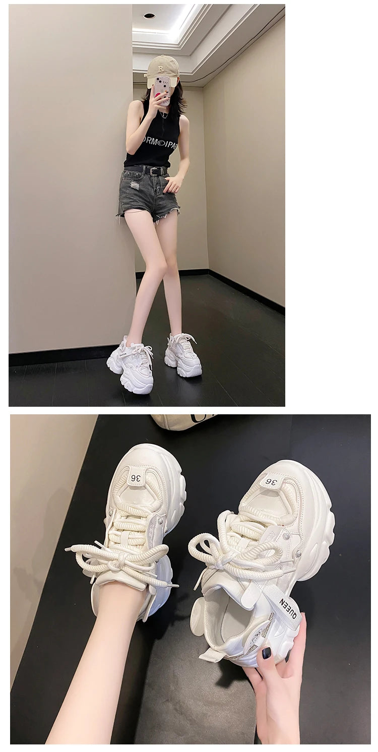White Chunky Sneakers Women New Autumn Hidden Heel Platform Sports Dad Shoes Woman Lace Up Breathable Mesh Casual Shoes 9.5CM