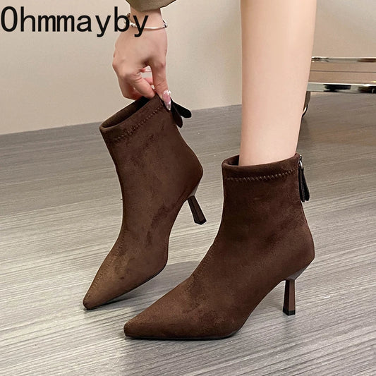 Ghete vintage Ohmmayby, toc subțire - înălțimea tocului 5-8 cm, până la gleznă, căptușeală din fleece