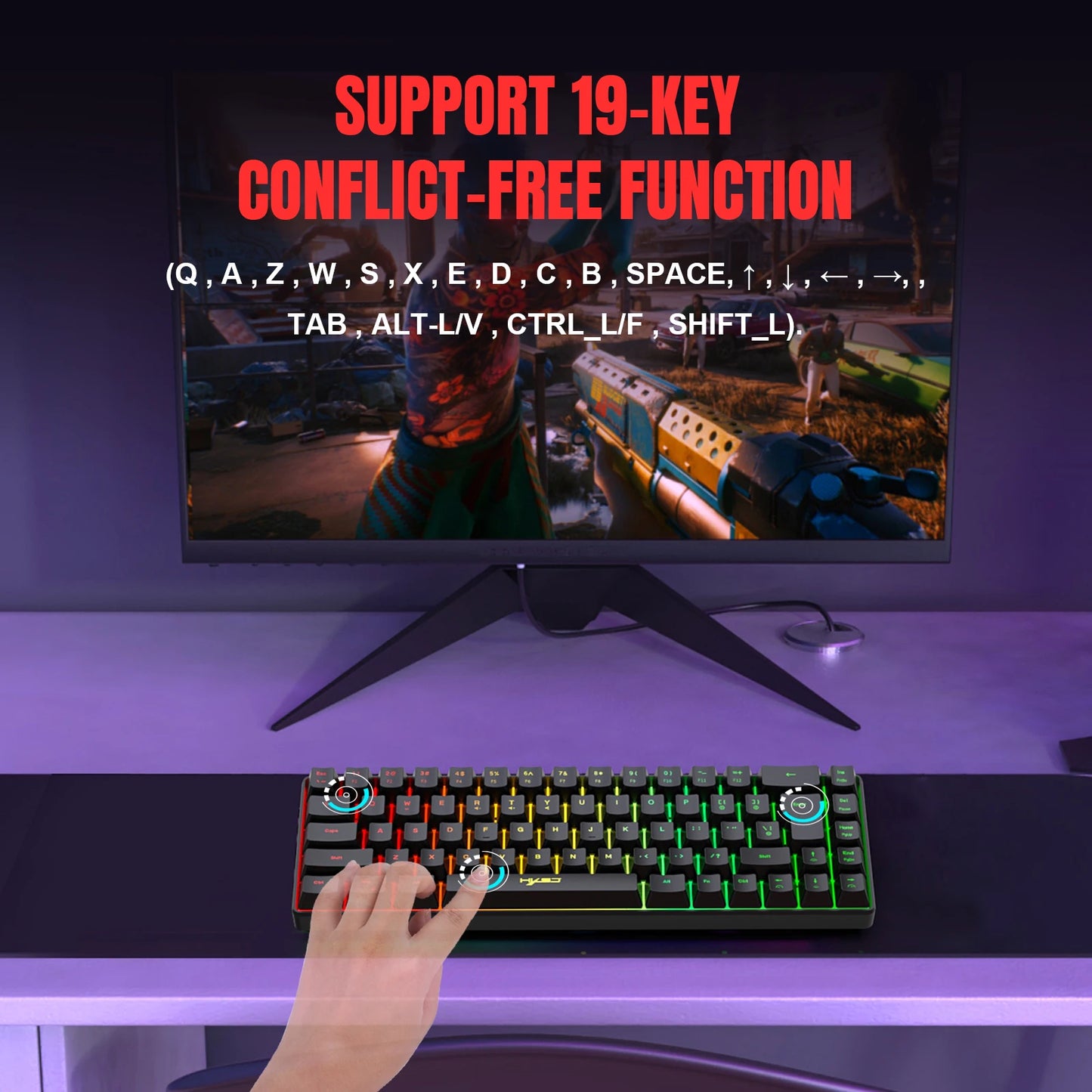 Gaming-Tastatur 2025: HXSJ 60% Percent Gaming Keyboard Ergonomische kleine Mini-Membran-Tastatur, komprimiert mit RGB-Hintergrundbeleuchtung für Windows-PC- und Laptop-Gaming