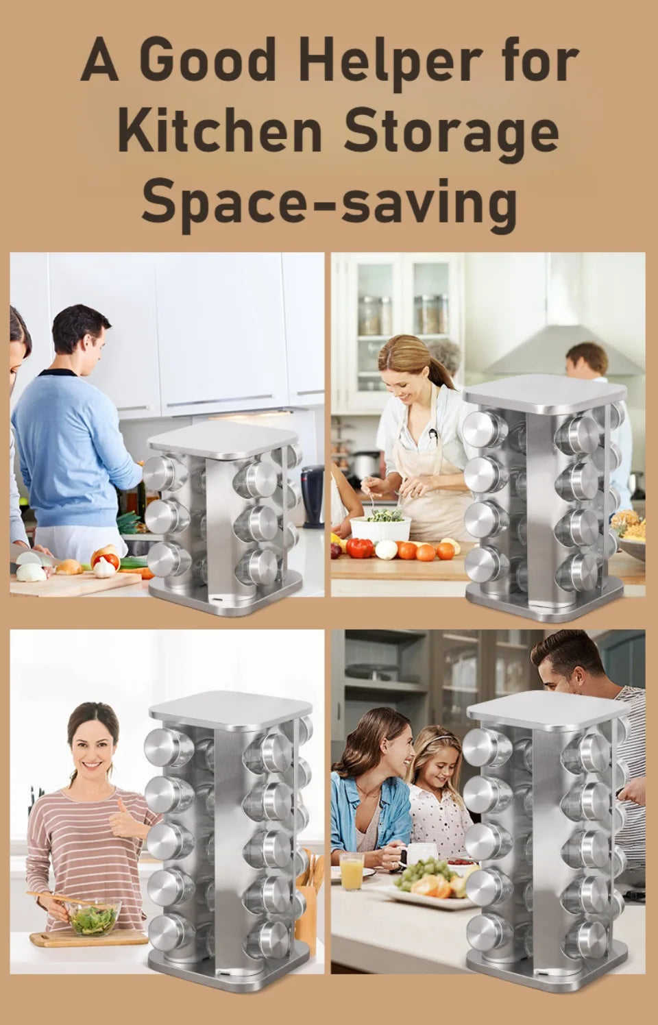 Stainless Steel Spice Rack Rotating Seasoning Set Vertical Spice Sorting Rack Square Condiment Organizer Salt Sugar Containers