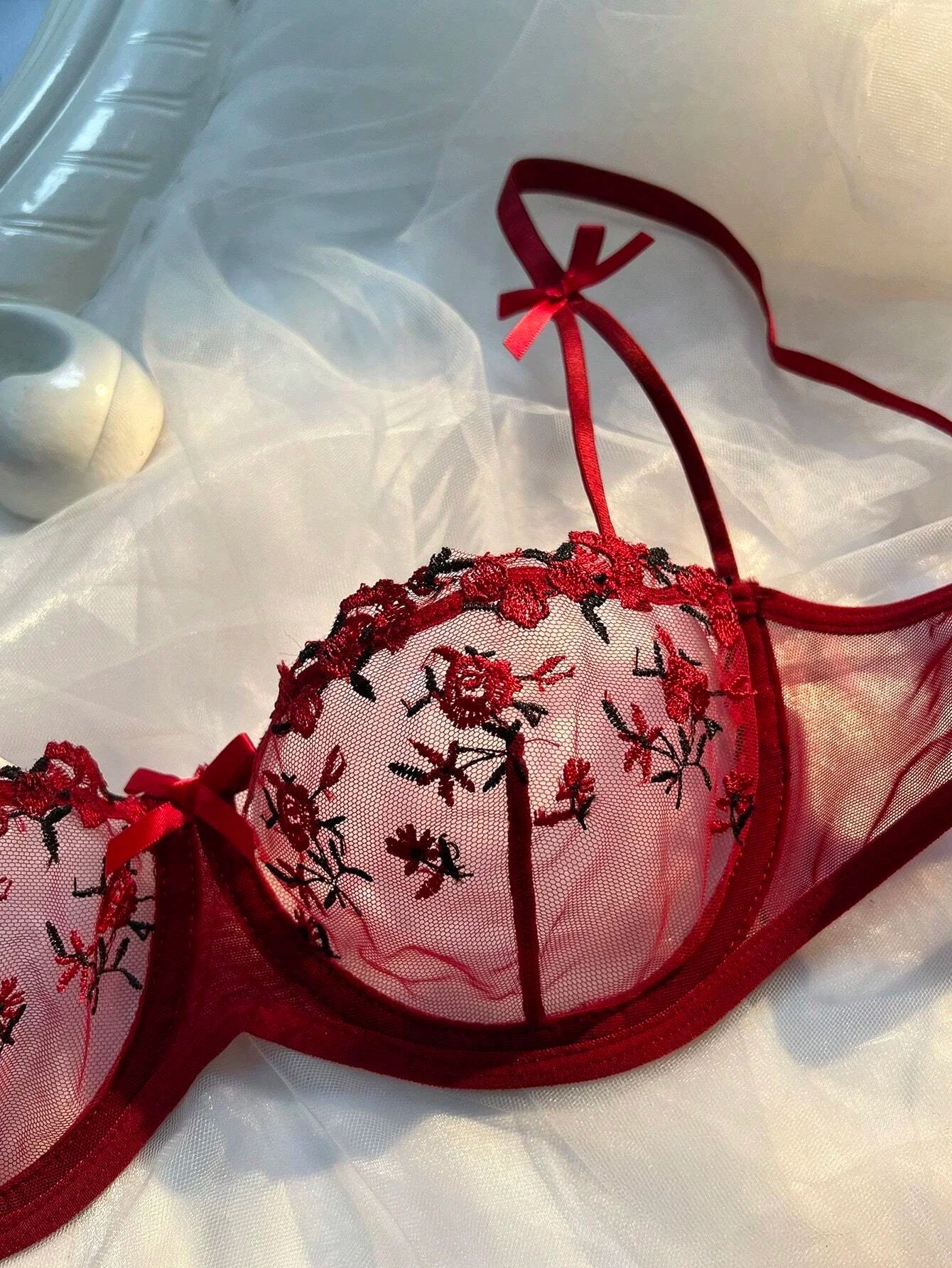 Fashion Embroidery Underwear Transparent Lingerie Sexy Floral Lace Short Skin Care Kits Delicate Fairy Set Woman 2 Pieces