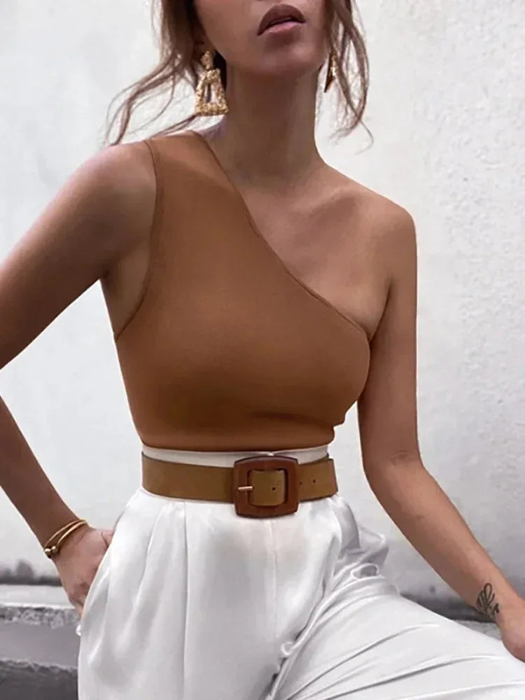 Women Sports Tank Tops elegant Crop Tops Vest Casual Female One Shoulder Summer Outfits Tops Fitness Elastic - Golden Bridge Store