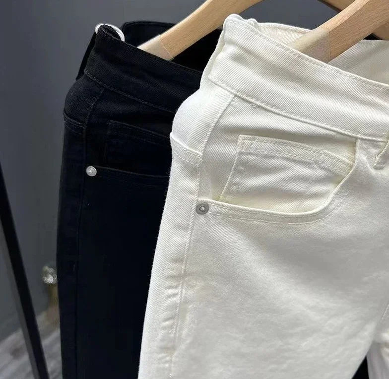 Jeans for Men White High Quality Trousers Slim Fit Tight Pipe Male Cowboy Pants Solid Skinny Stacked 2024 Korean Autumn Buggy Xs
