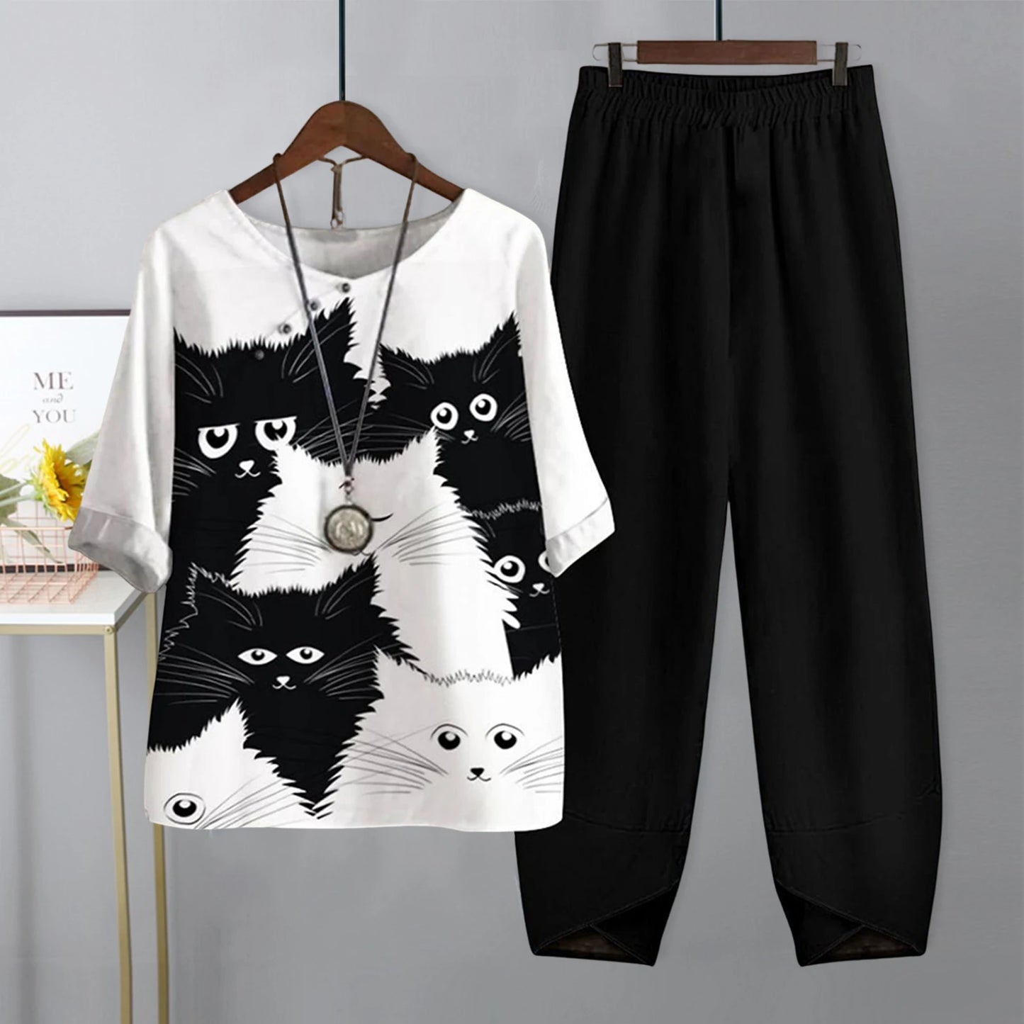 Elegant  Women Outfit Breathable Flower Pattern Blouse Trousers Half Sleeves Soft Blouse Pants Spring Clothes