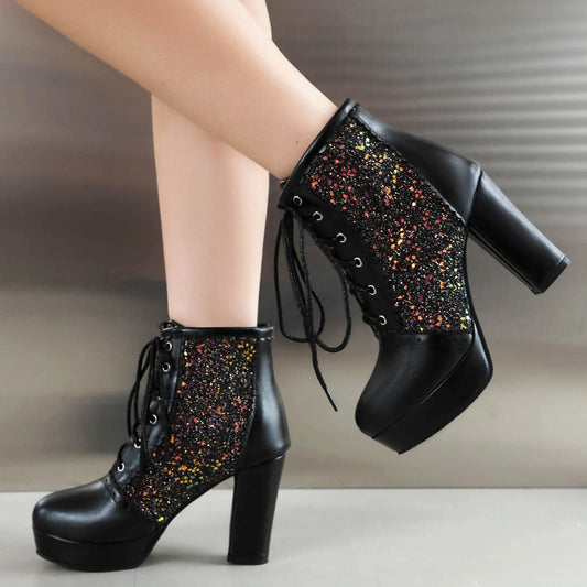Women Ankle Boots Gold Silver Red Platform Shoes Elegant Studded Sequin Lace Up Autumn Winter Comfy Stable Chunky High Heels