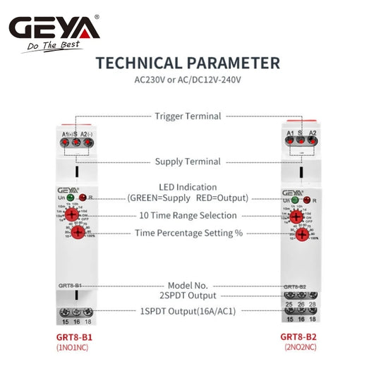 GEYA GRT8-B Off Delay Time Relay Electronic 16A AC230V OR AC/DC12-240V CE CB Approved