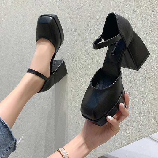 Thick-heeled High-heeled Shoes for Women 2024 Spring and Summer New Waterproof Platform Simple Black Thick-soled Elegant Shoes