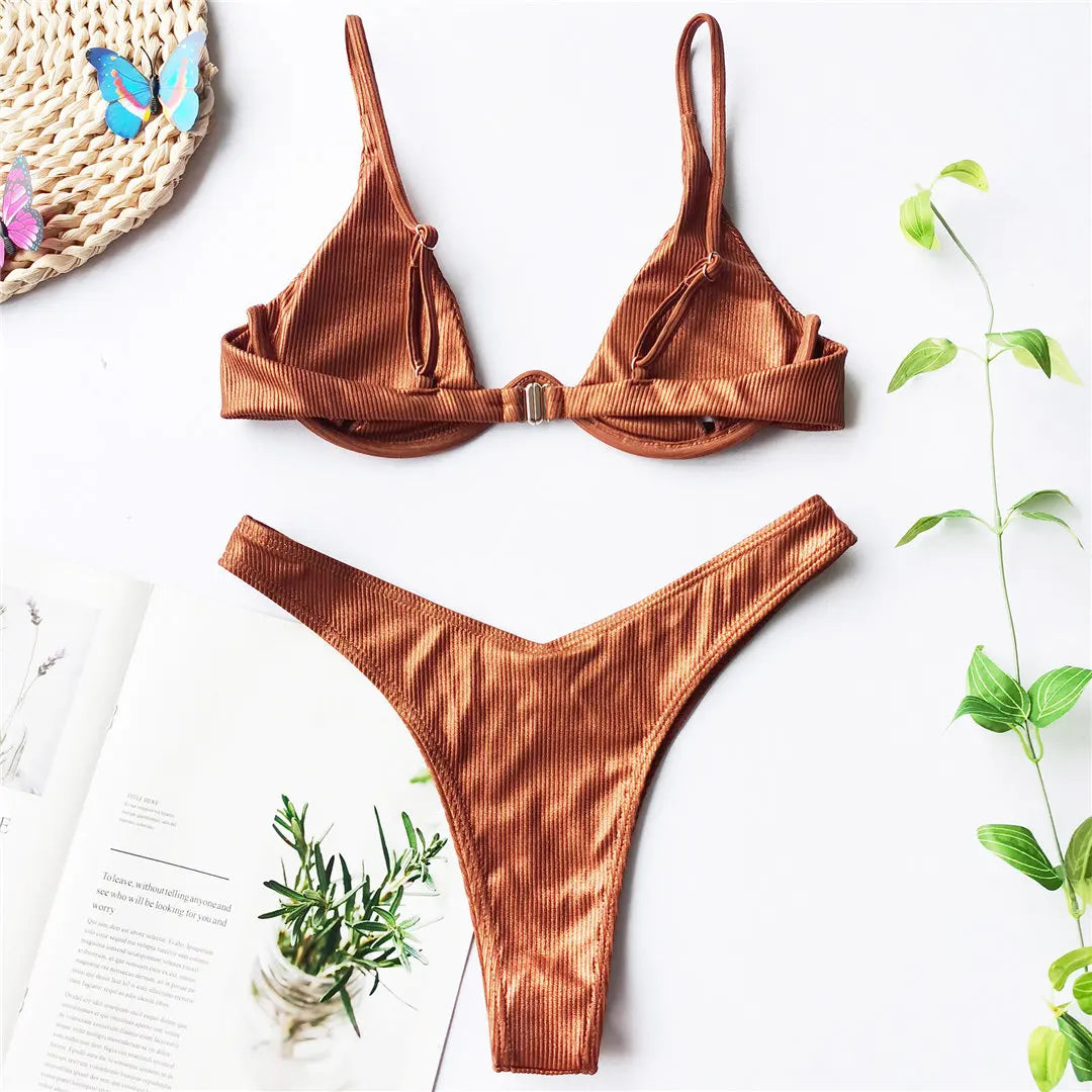 V-bar Bügel Bikini S-XL Damen Schwimmanzug Underwire-Technologie Low Waist Zweiteilig V-Form Bügel Polyester Spandex
