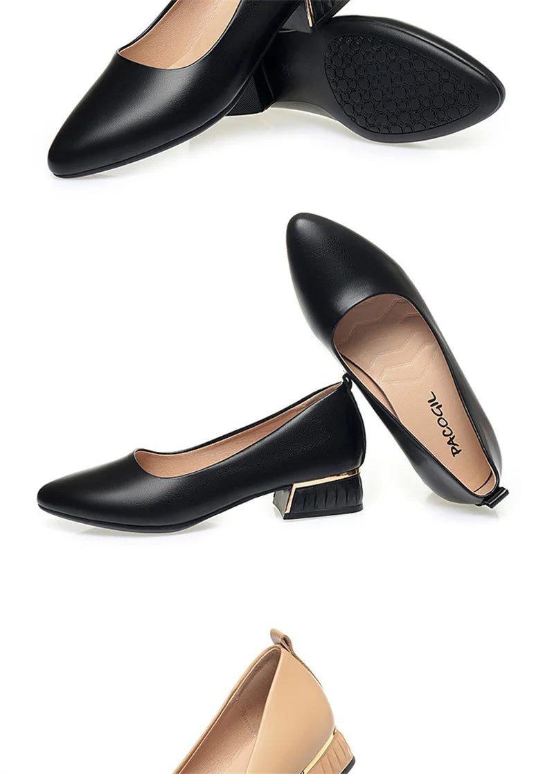 Simple Soft Leather Thick Heel Single Shoes For Women In Summer New Pointed Toe Low Heel White Work Shoes Elegant Comfortable