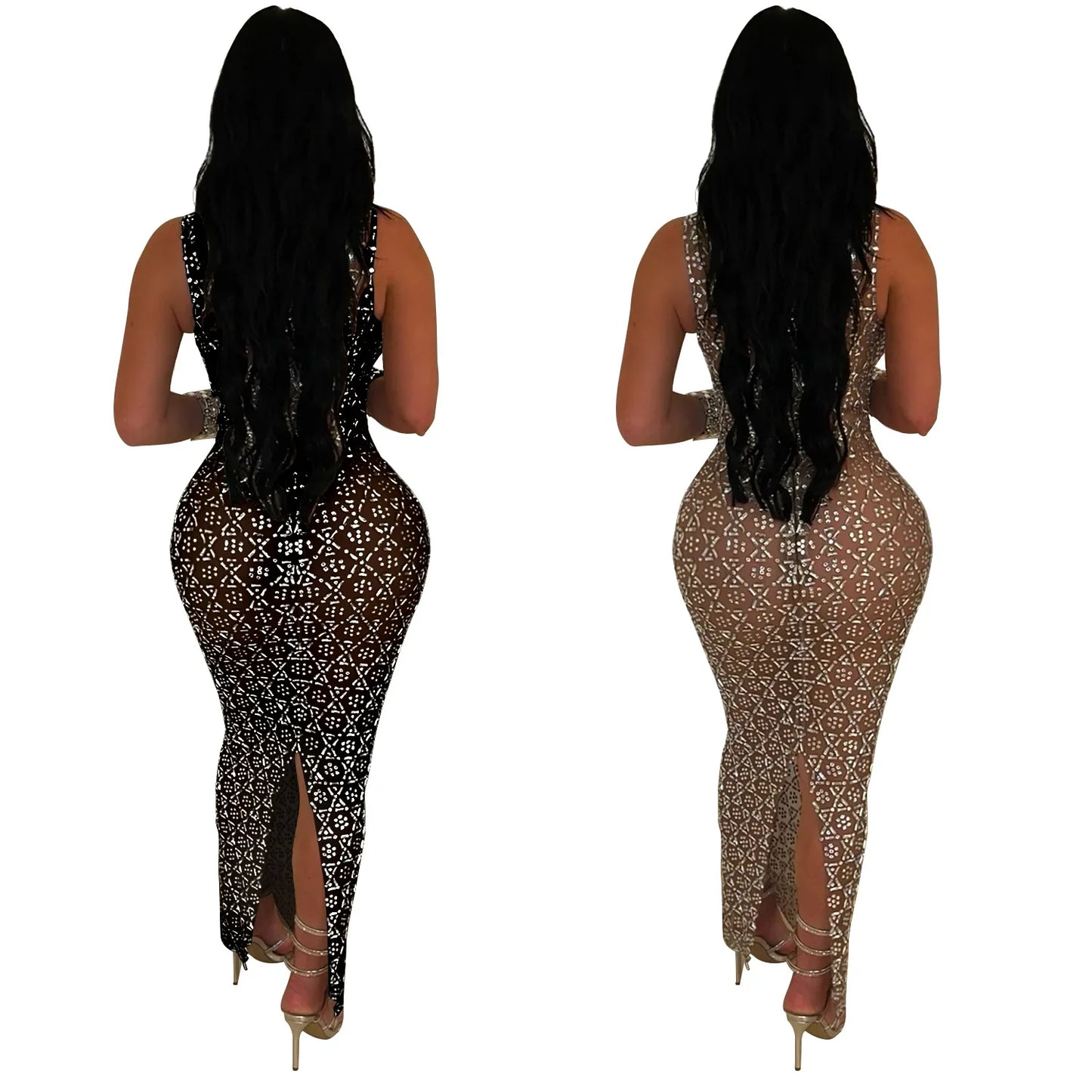 Damen Kleid 2025 - CM.YAYA Summer Sleeveless Rhinestone Long Dress Mesh Fashion Evening