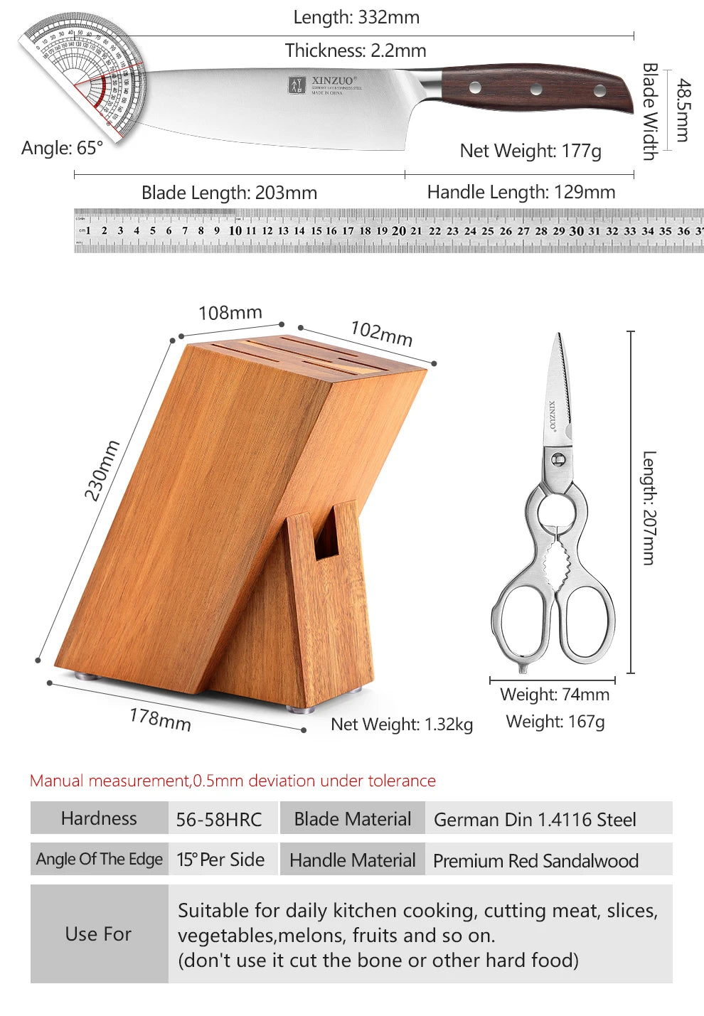 XINZUO 7PCS Knife Set German 1.4116 Stainless Steel Utility Slicing Chef Fruit Santoku Knives Multifunction Kitchen Scissors