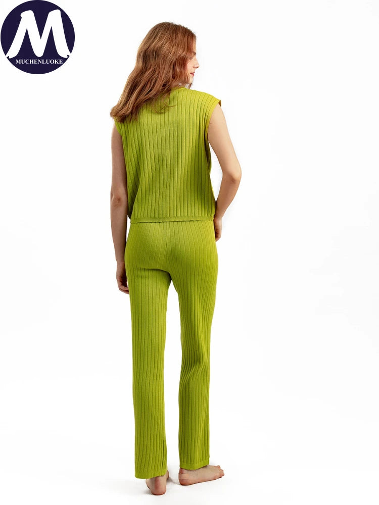 Elegant 2-Piece Sets for Women, Casual Knitting, Sleeveless, O Neck Tops, Loose Lace Up, Wide Leg Pant Set, Summer Fashion, New