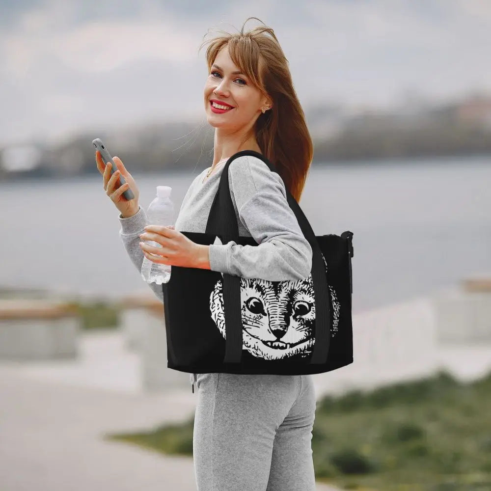 Geantă de plajă personalizată cu pisica Cheshire pentru femei, cu compartiment mare pentru sală și plajă, We're All Mad Here Cat