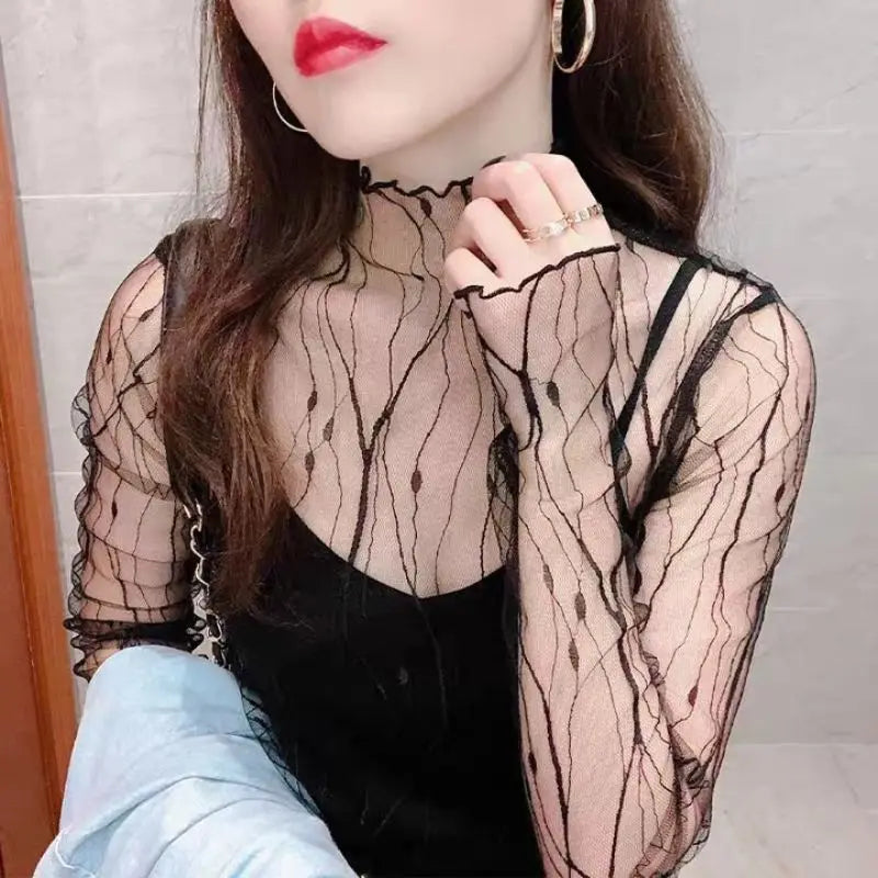 Women's T-shirt Summer Outfits Long Sleeve Pullover See Through Tops Fashion Lady Sexy Tops Mesh Slim Chiffon Tees New Black Top