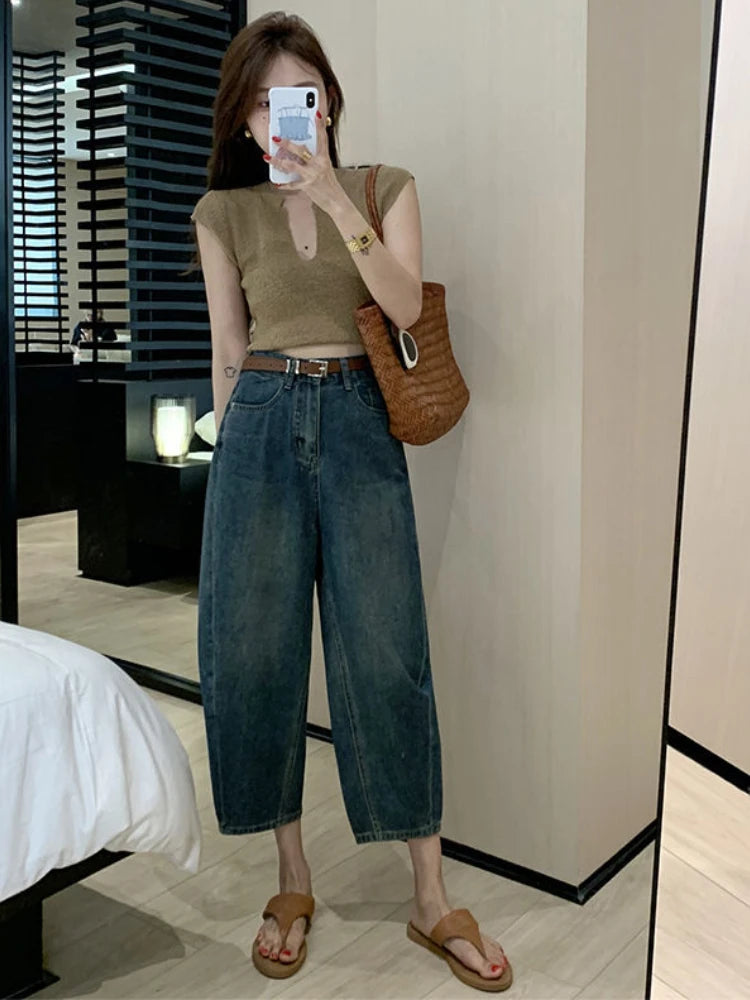 Jeans Women Solid Vintage All-match Spring Ladies Creativity Cool Simple Korean Style Daily Gentle Tender Graceful Age-reducing